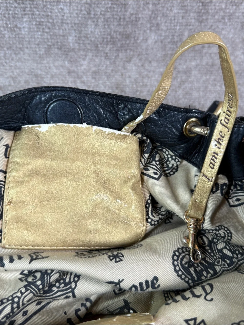 Y2K Juicy Couture Black Leather Bowling Hobo Shoulder Bag Charms Slouchy Vintage
